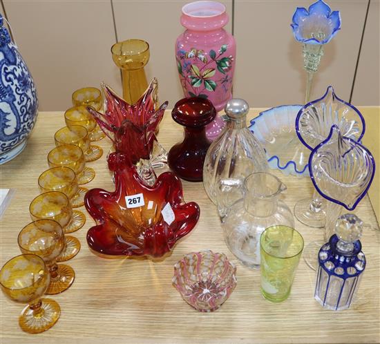 A quantity of mixed glass including Studio glass, etched glass, silver lidded scent bottle, etc.
